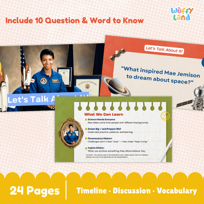 Educational space-themed worksheet bundle cover by Wuffy Land, featuring a collage of printed pages and photos including Mae Cernan, with text reading 'Include 10 Question & Word to Know' and '24 Pages | Timeline | Discussion | Vocabulary'.