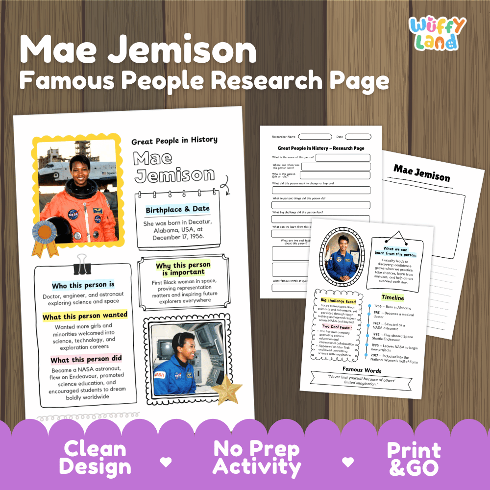 Printable Mae Jemison famous people research page activity sheet set on a wood background, with the title 'Mae Jemison Famous People Research Page' and a 'Wiffly Land' logo. The sheet includes a colorful student portrait page, worksheet sections, and a timeline printout.