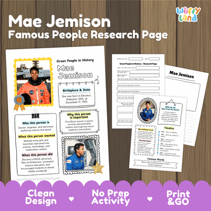 Printable Mae Jemison famous people research page activity sheet set on a wood background, with the title 'Mae Jemison Famous People Research Page' and a 'Wiffly Land' logo. The sheet includes a colorful student portrait page, worksheet sections, and a timeline printout.
