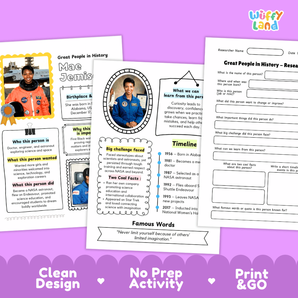 Three educational worksheet pages about Great People in History are shown on a purple background with the text 'Clean Design', 'No Prep Activity', and 'Print & GO'. The pages include text blocks, timelines, and activity questions, with one page featuring a photo of Mae C.