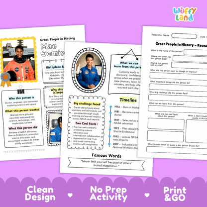 Three educational worksheet pages about Great People in History are shown on a purple background with the text 'Clean Design', 'No Prep Activity', and 'Print & GO'. The pages include text blocks, timelines, and activity questions, with one page featuring a photo of Mae C.