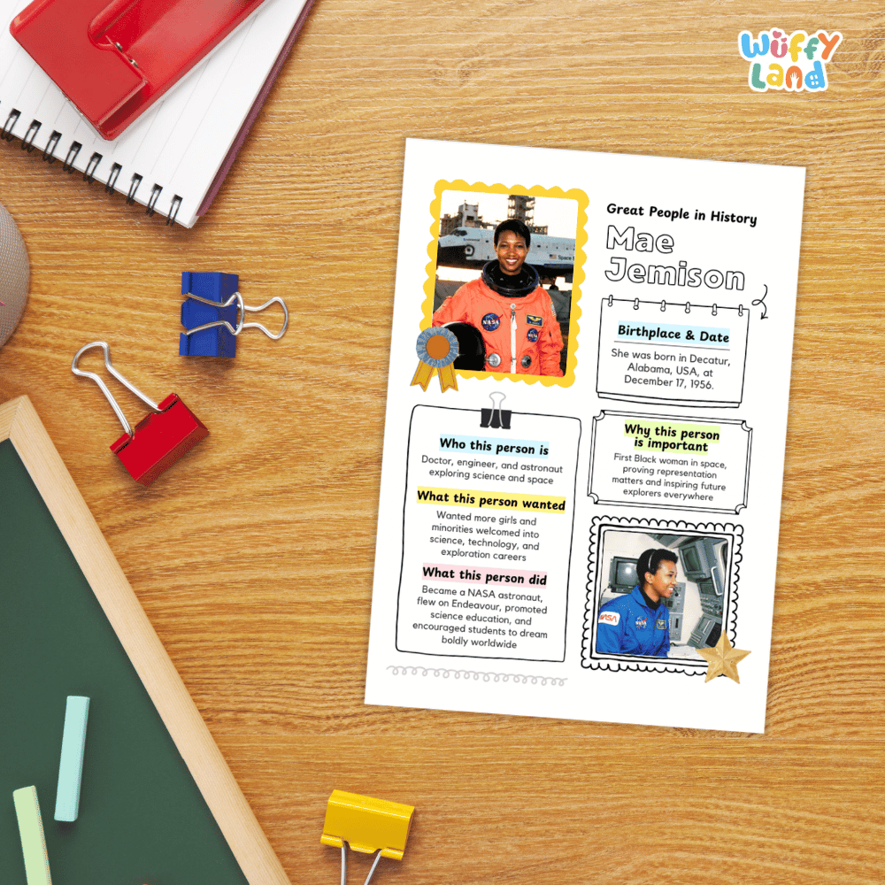 A printed educational poster about Mae Cemonison lies on a wooden desk, surrounded by school supplies including a spiral notebook, binder clips, chalk, and a red folder. The poster has text sections and small photos of Mae Cemonison in space suits.