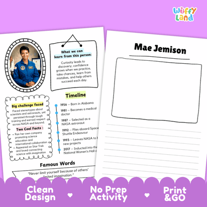 Two printable activity sheets for a science-themed worksheet or poster, shown on a purple background with promotional text at the bottom. The left sheet contains a portrait, text boxes, and a timeline; the right sheet has a large blank writing area under the name Mae Jemison.