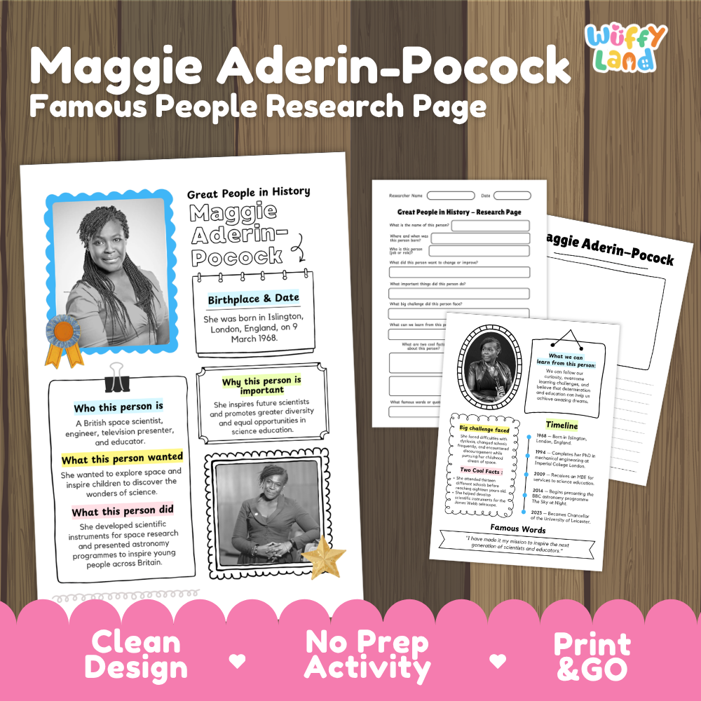 Maggie Aderin-Pocock famous people research page cover showing printable biographical worksheets, summary cards, and timelines