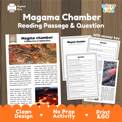 Magma chamber reading comprehension passage and questions printable activity pack with answer key for elementary students