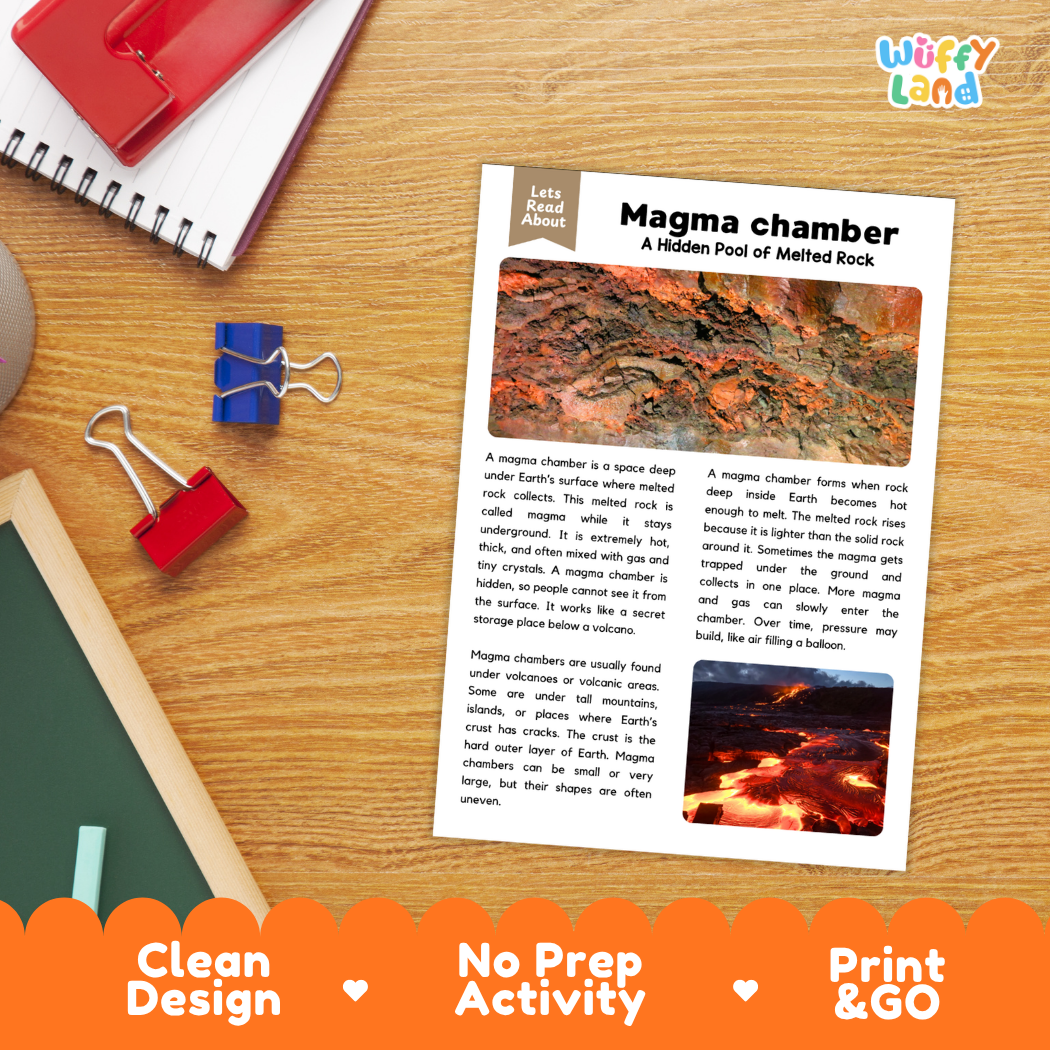 Student reading comprehension worksheet with short-answer questions and handwriting lines about magma chambers