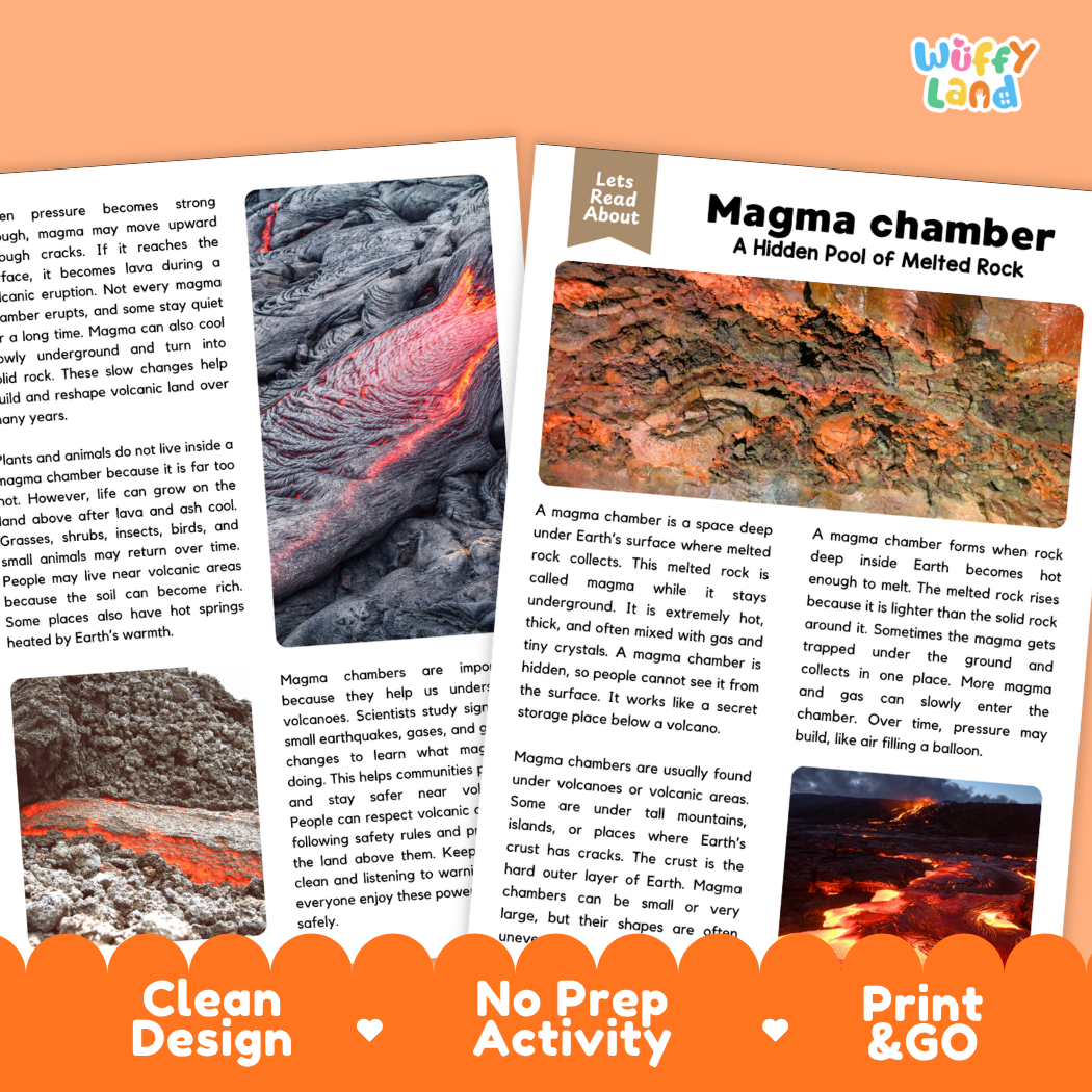 Teacher answer key page showing complete question solutions for magma chamber reading comprehension practice