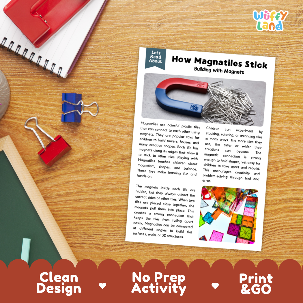 Printable student worksheet with short-answer reading comprehension questions covering Magnatiles and magnetism