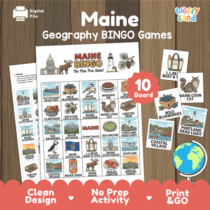 Maine Geography BINGO Game Pine Tree State Activity Printable Boards