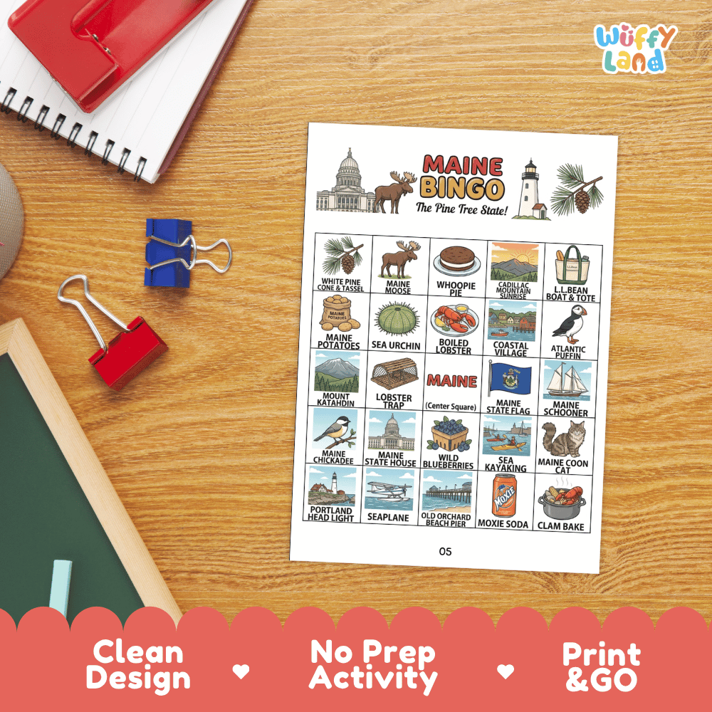 Maine Geography BINGO Game Pine Tree State Activity Printable Boards