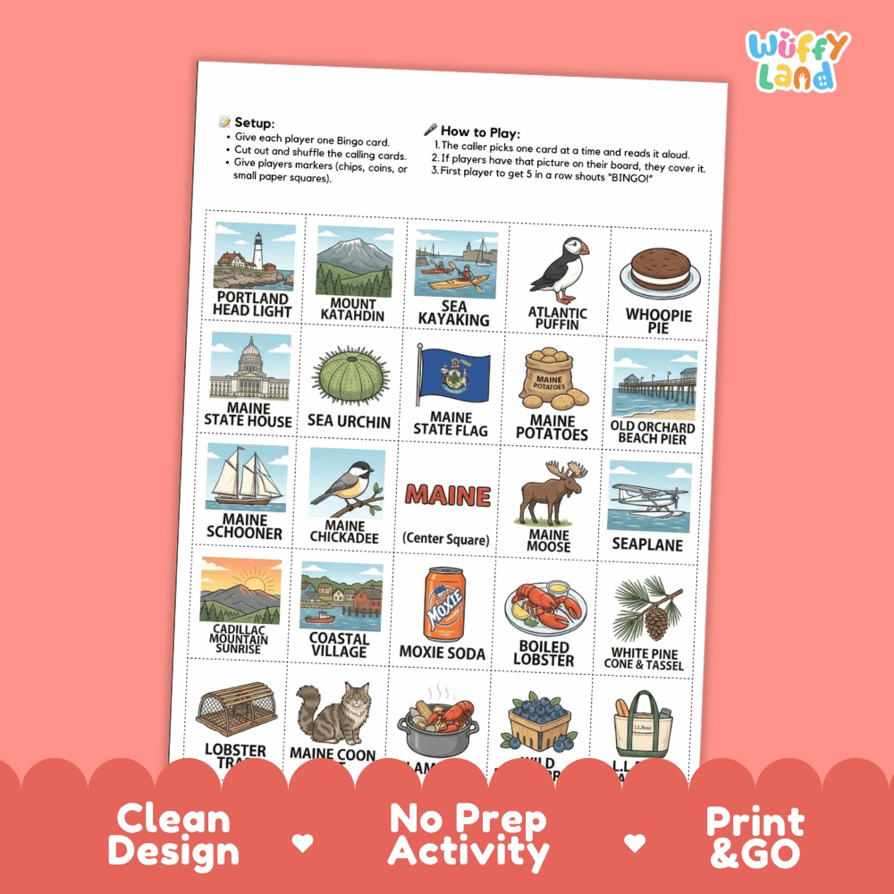 Maine Geography BINGO Game Pine Tree State Activity Printable Boards