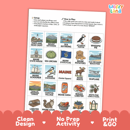 Maine Geography BINGO Game Pine Tree State Activity Printable Boards