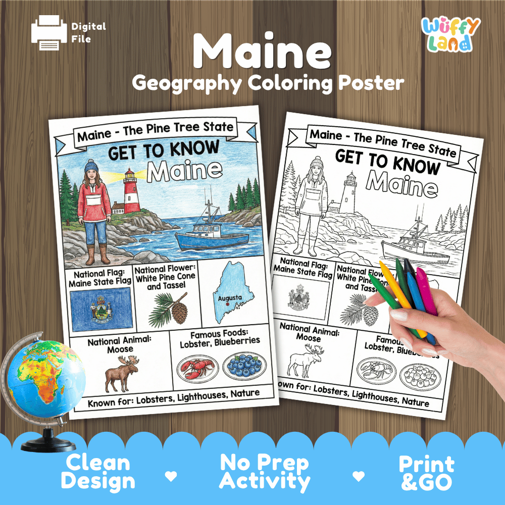 Maine Geography Coloring Poster Worksheets