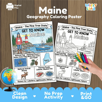Maine Geography Coloring Poster Worksheets