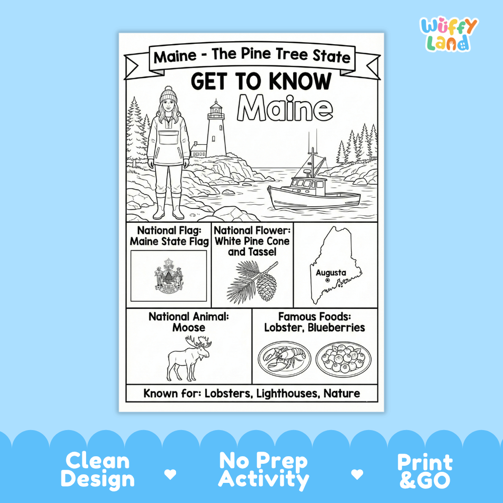 Maine Geography Coloring Poster Worksheets