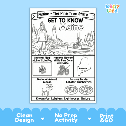 Maine Geography Coloring Poster Worksheets