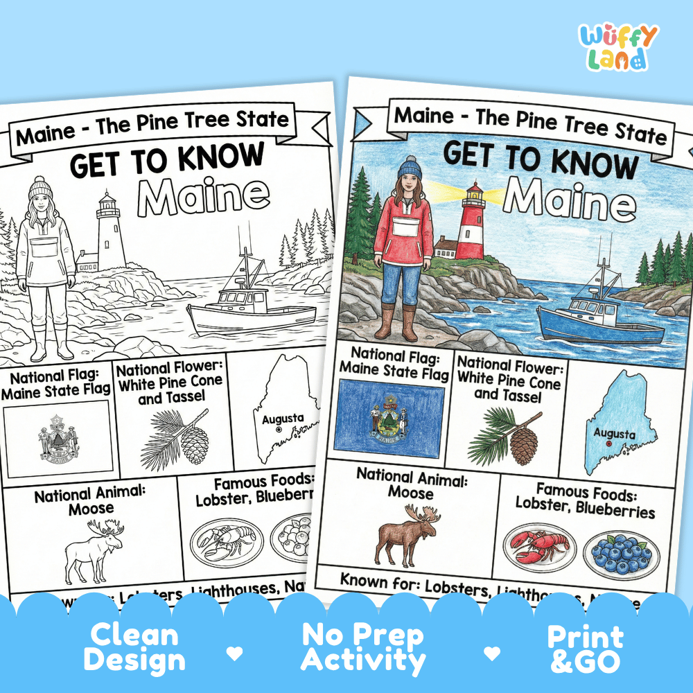 Maine Geography Coloring Poster Worksheets