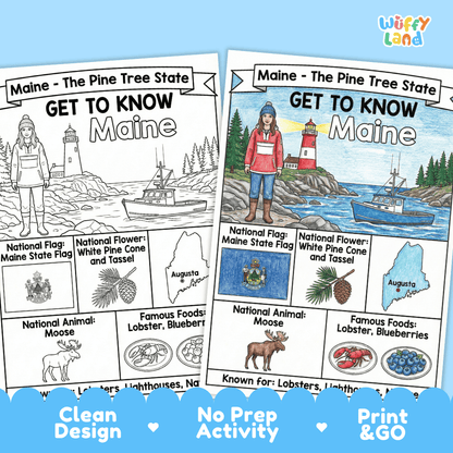 Maine Geography Coloring Poster Worksheets