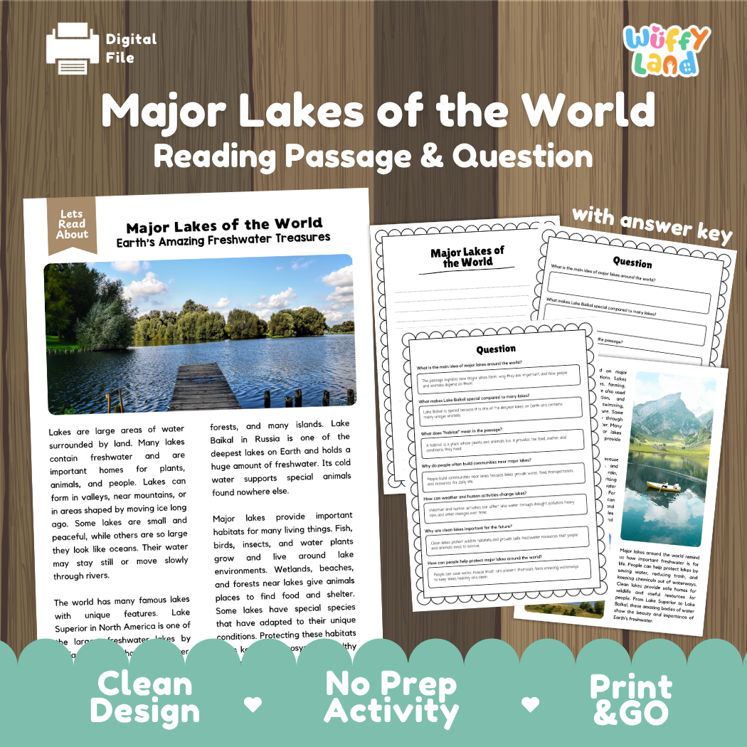 Major Lakes of the World reading comprehension passage and questions printable activity pack with answer key for elementary students
