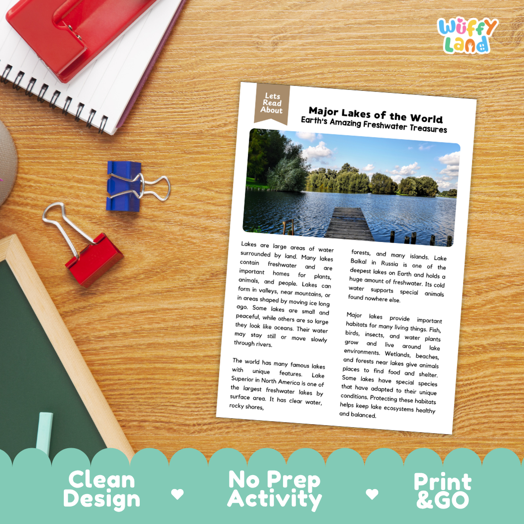 Student reading comprehension worksheet with short-answer questions and lined sections about major lakes of the world