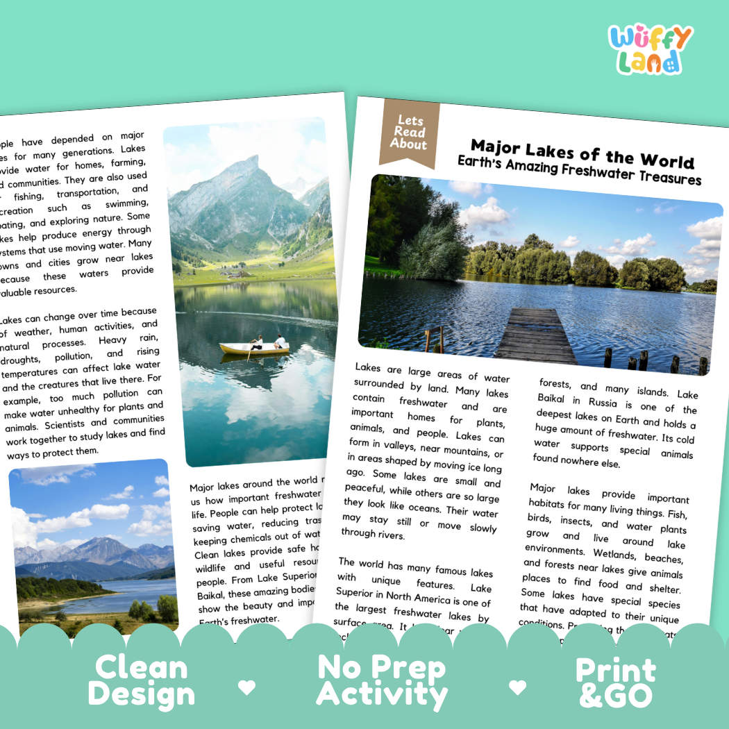 Teacher answer key page showing complete question solutions for Major Lakes of the World geography and Earth science reading comprehension practice