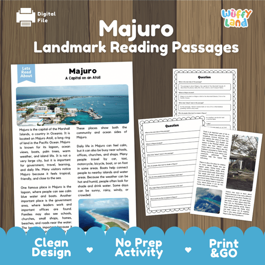 Majuro landmark reading passage and comprehension worksheet educational unit featuring nonfiction text and authentic Majuro Marshall Islands coral atoll photography