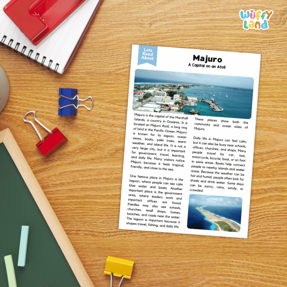 Lined reading comprehension question worksheet covering main ideas vocabulary terms and landmark facts about Majuro Marshall Islands