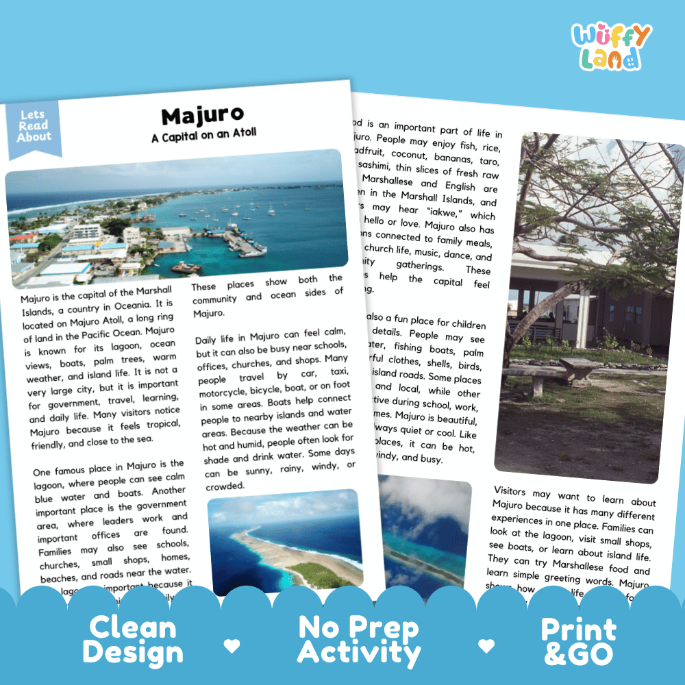 Reference sheet and answer key for Majuro landmark reading passage displaying completed comprehension answers and Pacific geography facts