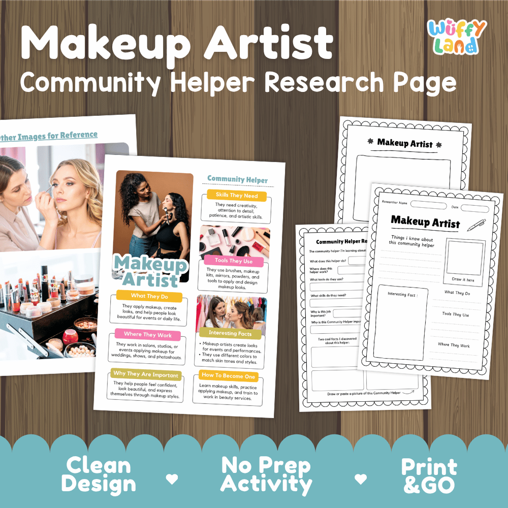 Makeup artist community helper research page writing worksheets pack featuring real photos and student activity pages for elementary social studies and creative arts
