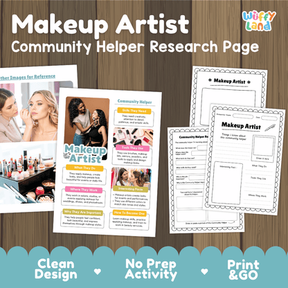 Makeup artist community helper research page writing worksheets pack featuring real photos and student activity pages for elementary social studies and creative arts