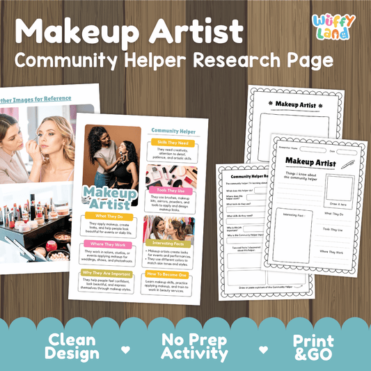 Makeup artist community helper research page writing worksheets pack featuring real photos and student activity pages for elementary social studies and creative arts