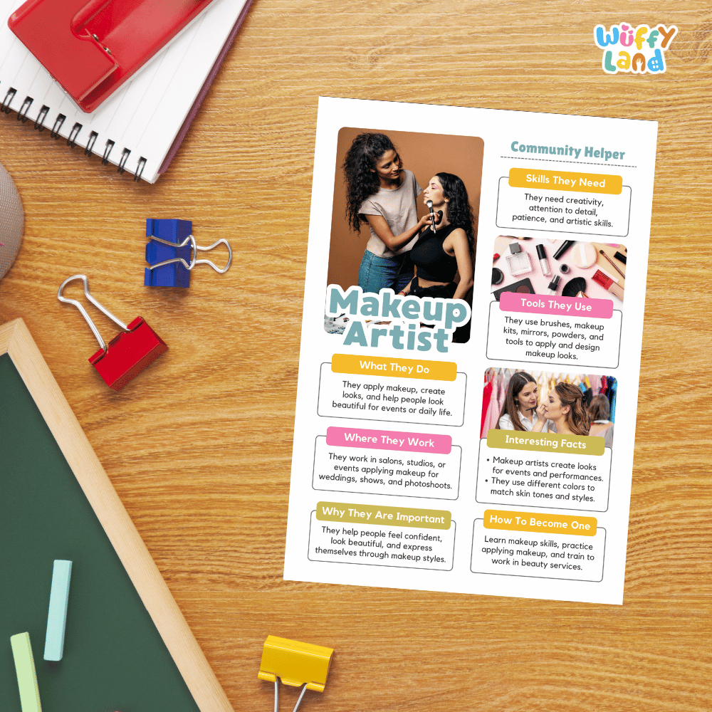 Guided student writing worksheets with lined sections for recording facts and a dedicated box for drawing or pasting a picture of a makeup artist