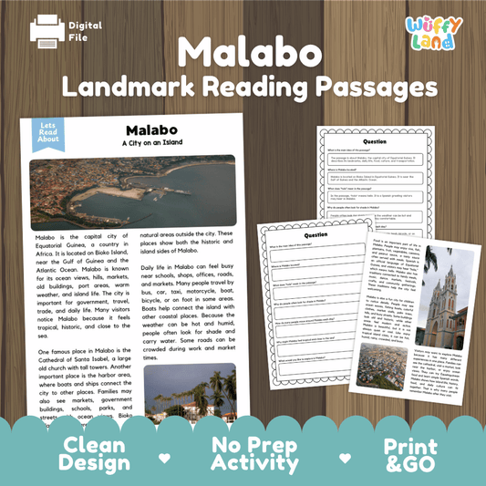 Malabo landmark reading passage and comprehension worksheet educational unit featuring nonfiction text and authentic Cathedral of Santa Isabel Bioko Island photography