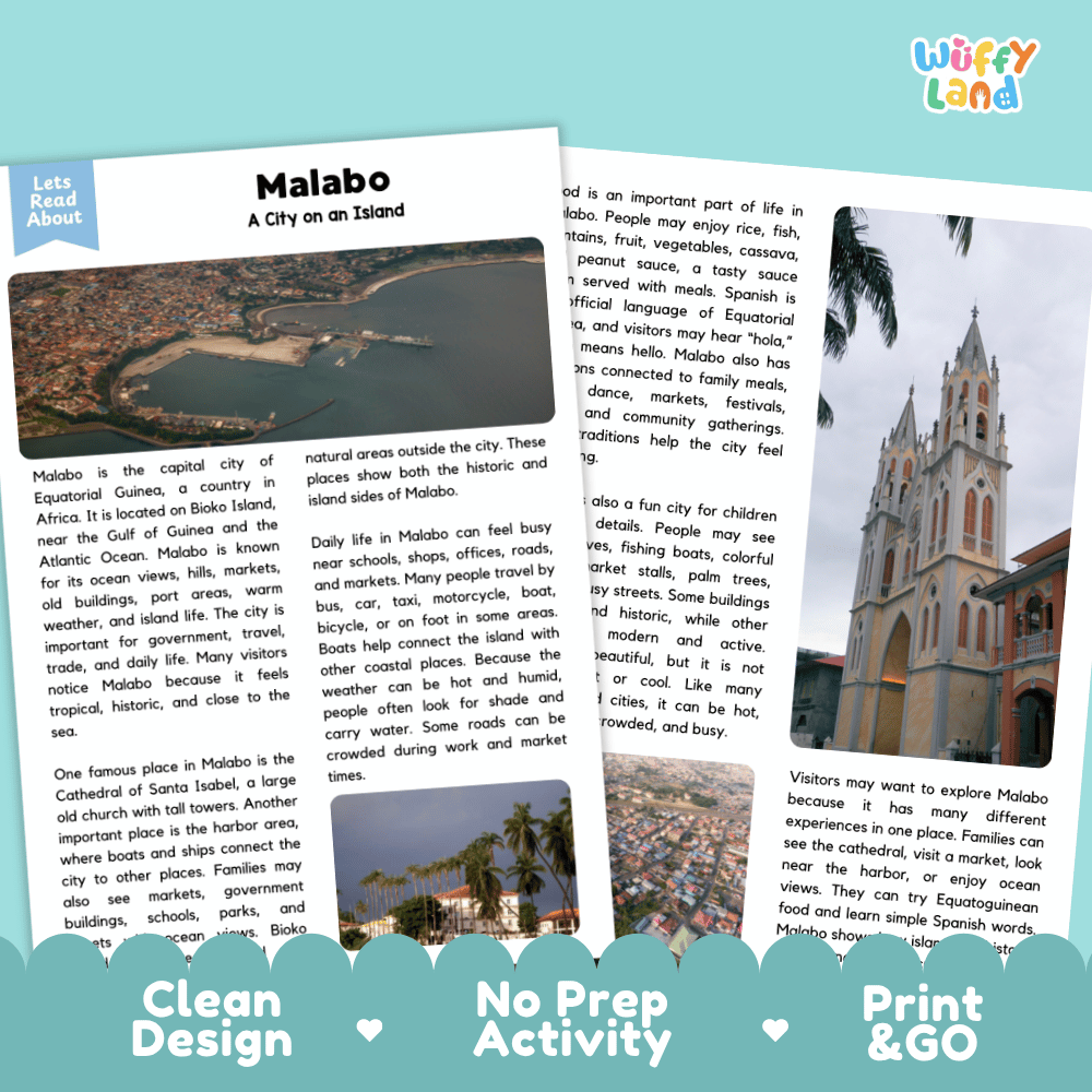 Reference sheet and answer key for Malabo landmark reading passage displaying completed comprehension answers and Central African island geography facts