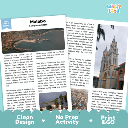 Reference sheet and answer key for Malabo landmark reading passage displaying completed comprehension answers and Central African island geography facts