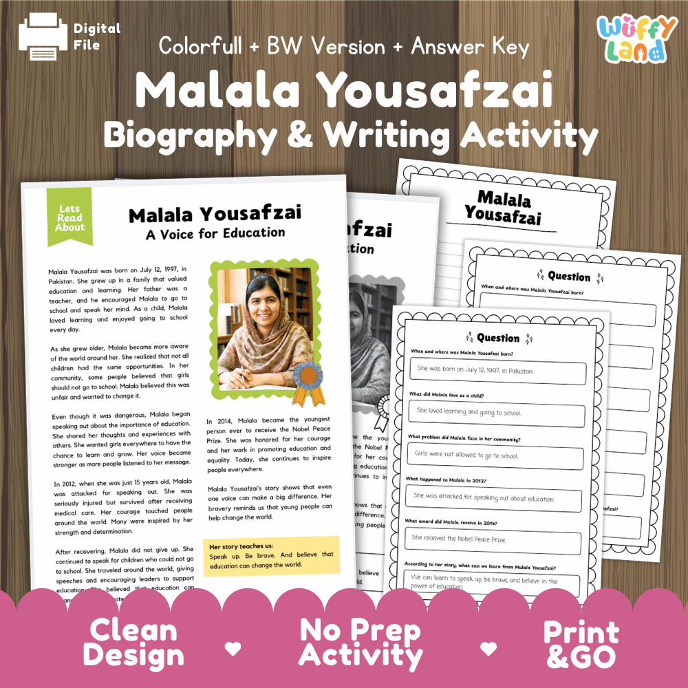 Malala Yousafzai Biography Reading Passage and Writing Activity Worksheets