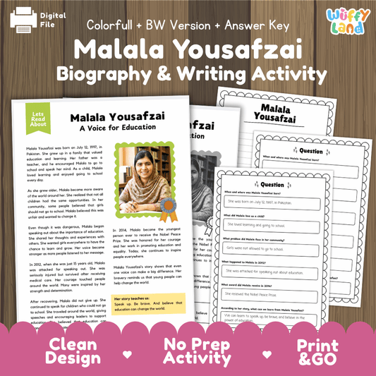 Malala Yousafzai Biography Reading Passage and Writing Activity Worksheets