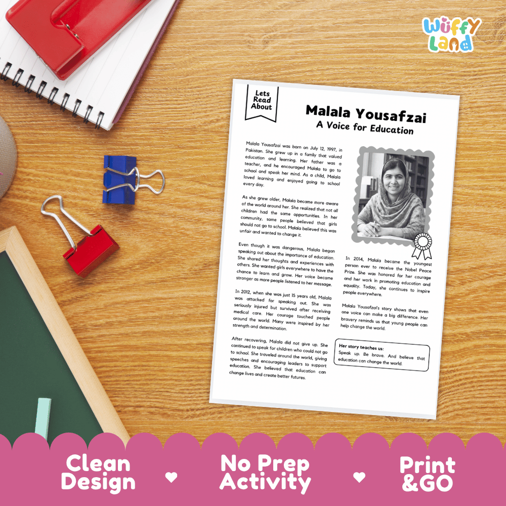 A printed educational activity sheet titled 'Malala Yousafzai A Voice for Education' displayed on a wooden desk with school supplies. The sheet includes a photo of Malala, text, and a ribbon badge.