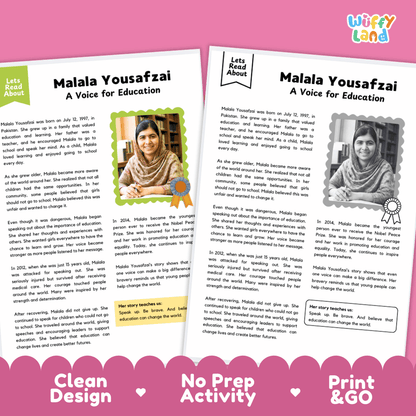 Two printed activity sheets for a Malala Yousafzai educational activity, displayed side-by-side on a white background with a pink banner at the bottom reading 'Clean Design', 'No Prep Activity', and 'Print & GO'. The sheets feature text, photos, and a logo for 'Wiffly land'.
