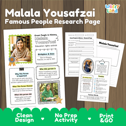 Malala Yousafzai Famous People Research Page Worksheets