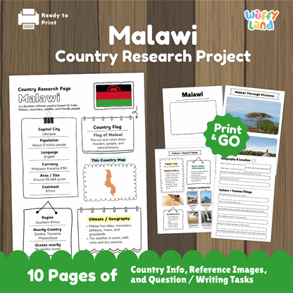 Malawi Country Research Project Worksheets and Activity Pages