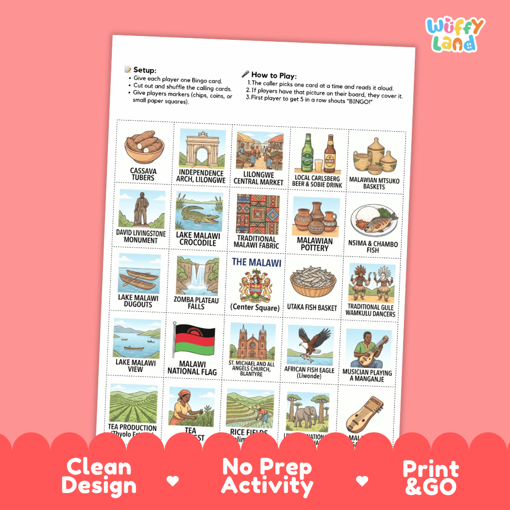 Malawi Geography BINGO Games Printable Country Study Activity Cards