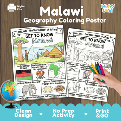 Malawi Geography Coloring Poster and Fact Sheet Printable Worksheets