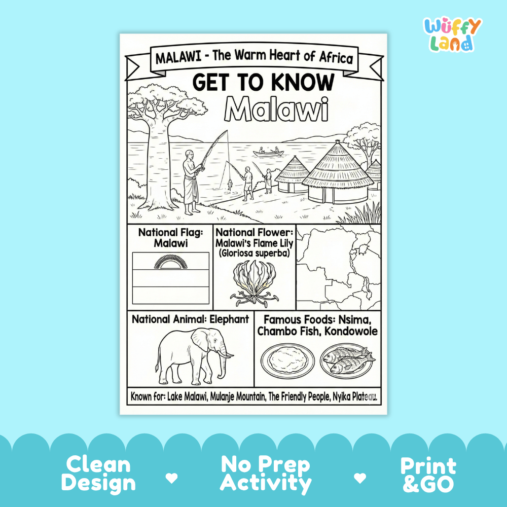 Malawi Geography Coloring Poster and Fact Sheet Printable Worksheets