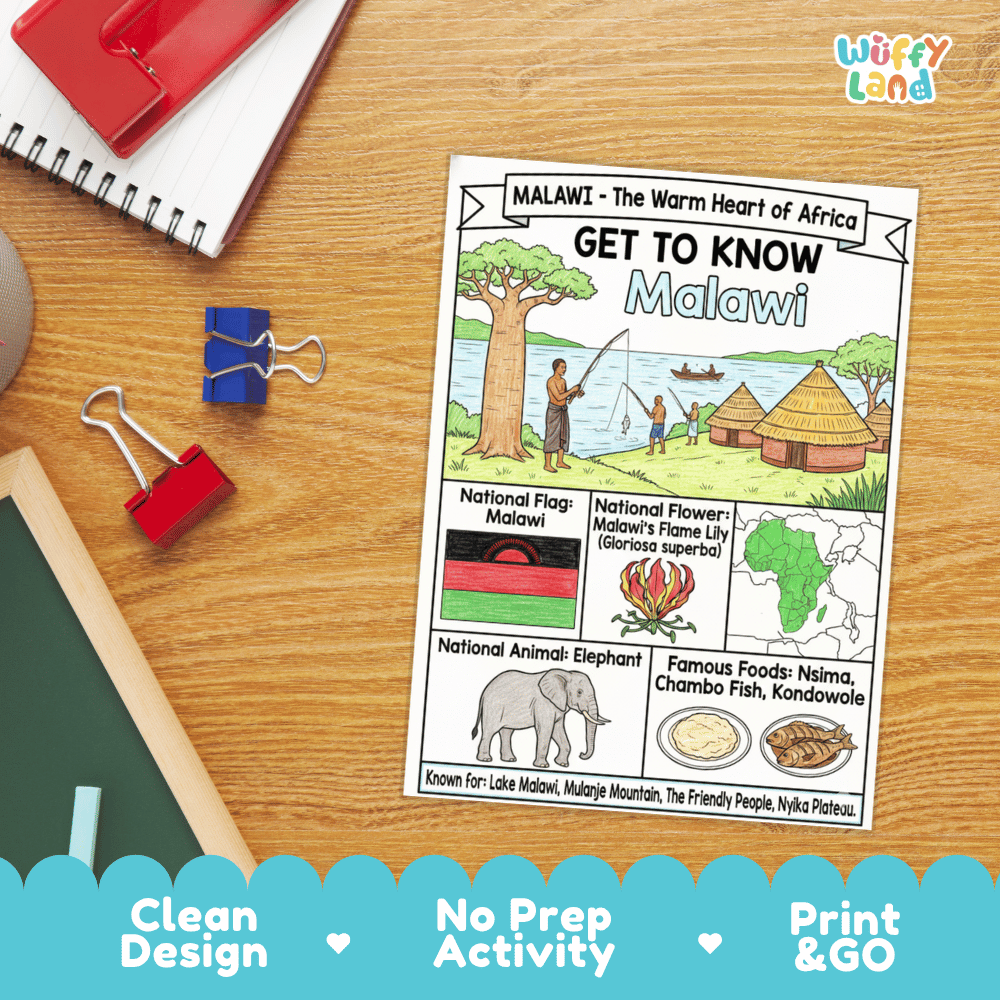 Malawi Geography Coloring Poster and Fact Sheet Printable Worksheets