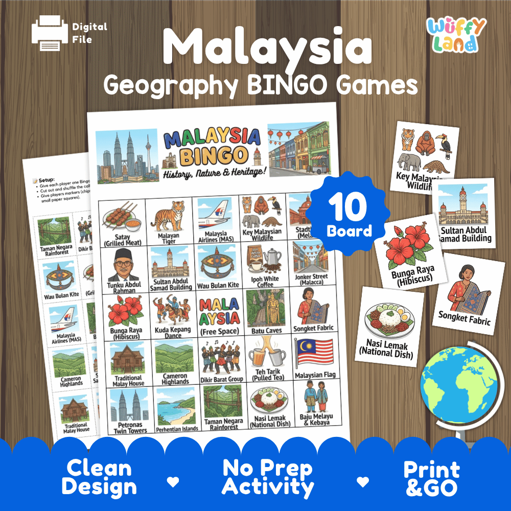 Classroom educational Bingo game cards featuring Nasi Lemak, Wau Bulan kite, Songket fabric, and Bunga Raya flower 🎲🍚