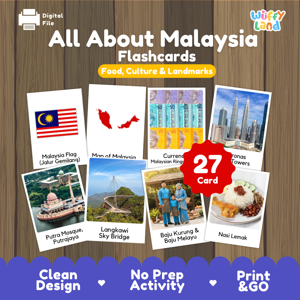 Petronas Twin Towers park coloring page paired with real photo flashcards of Putra Mosque, Langkawi Sky Bridge, and Nasi Lemak