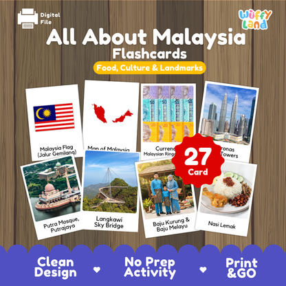 Petronas Twin Towers park coloring page paired with real photo flashcards of Putra Mosque, Langkawi Sky Bridge, and Nasi Lemak