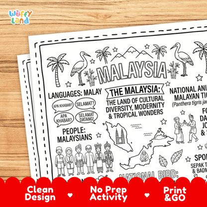 Cultural coloring page featuring traditional Malaysian attire, Sepak Takraw, Silat, Songket weaving, and Selamat Datang speech bubbles