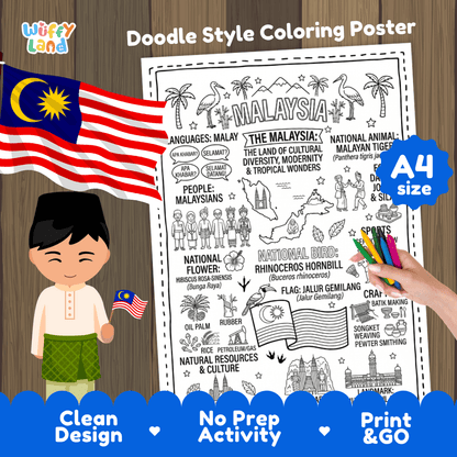 Printable A4 doodle coloring poster highlighting Malaysia map, Malayan Tiger, Petronas Towers, and Batu Caves 🎨🐅